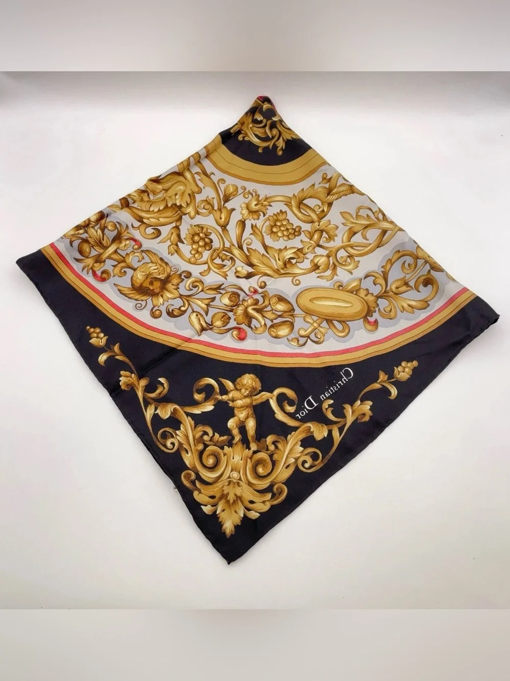 DIOR Vintage 80’s Baroque Gold & Black 100% Silk Cherub & Fleur-De-Lis Scarf